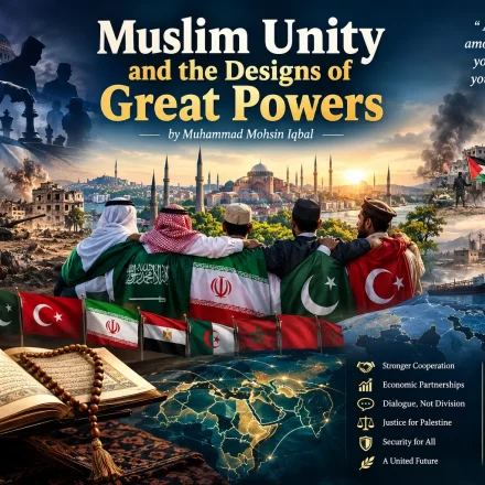 Symbolic illustration of Muslim unity, global power politics and cooperation among Muslim nations.
