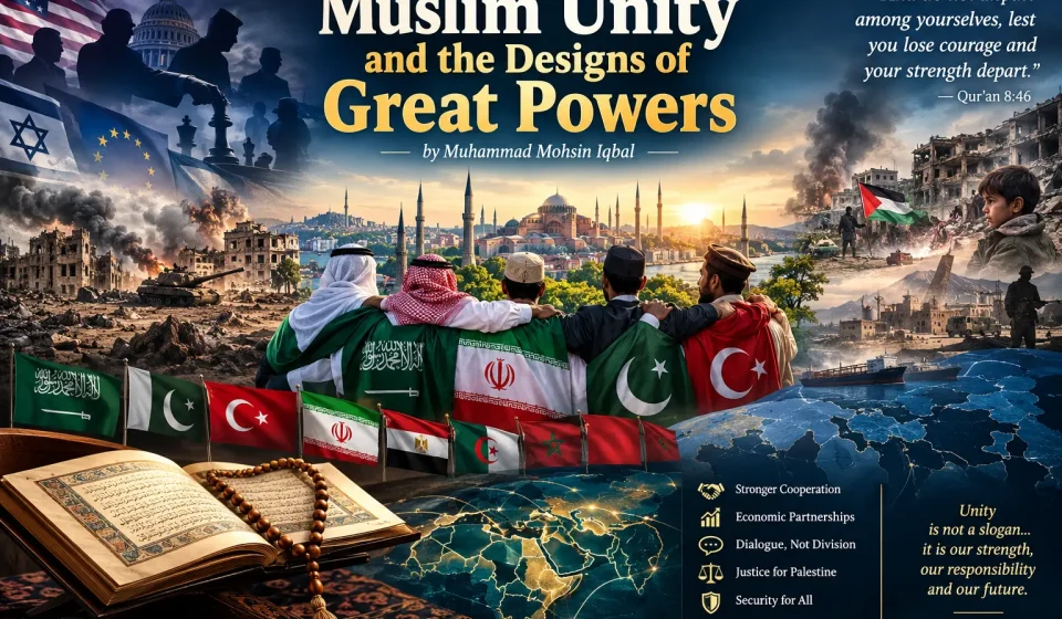 Symbolic illustration of Muslim unity, global power politics and cooperation among Muslim nations.