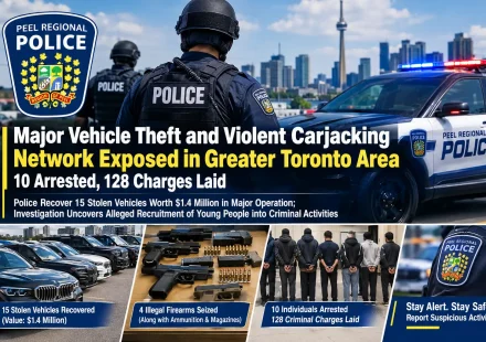 Police vehicles and recovered luxury cars representing the investigation into organized vehicle theft in the Greater Toronto Area.