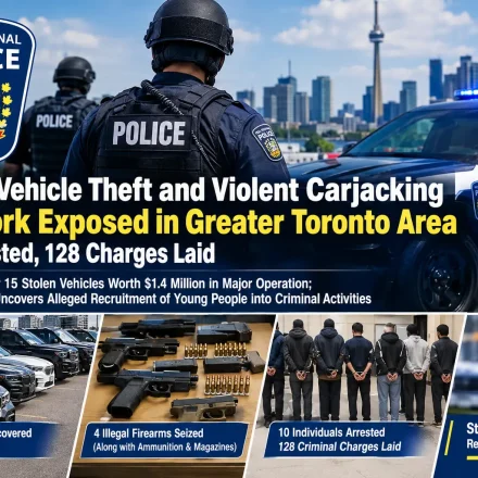 Police vehicles and recovered luxury cars representing the investigation into organized vehicle theft in the Greater Toronto Area.