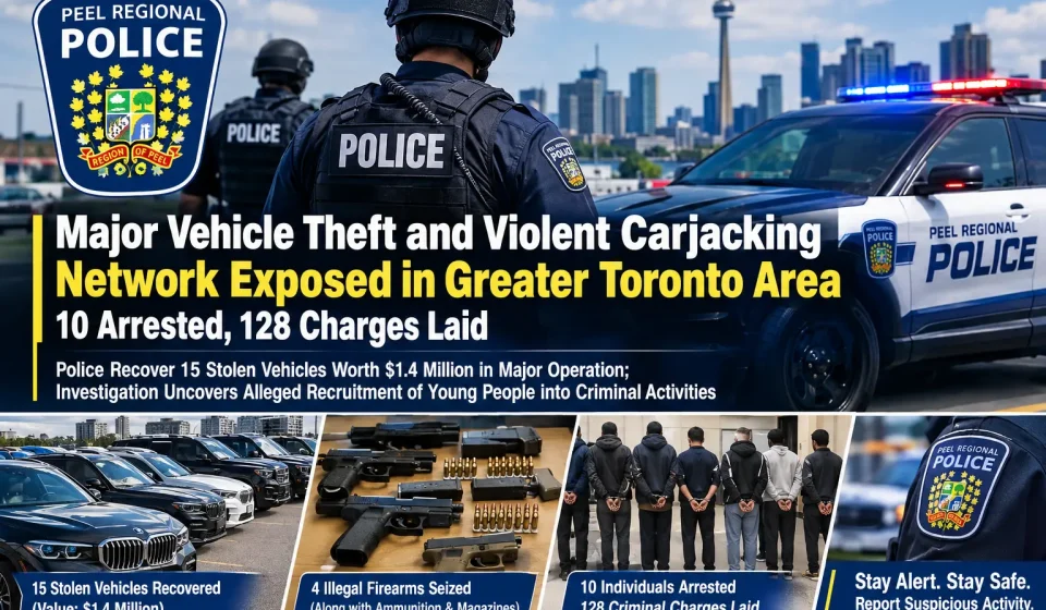 Police vehicles and recovered luxury cars representing the investigation into organized vehicle theft in the Greater Toronto Area.
