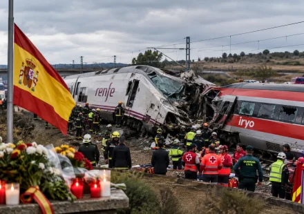 Emergency responders inspect the wreckage of a passenger train following a deadly railway collision in Spain.