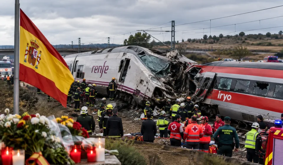 Emergency responders inspect the wreckage of a passenger train following a deadly railway collision in Spain.