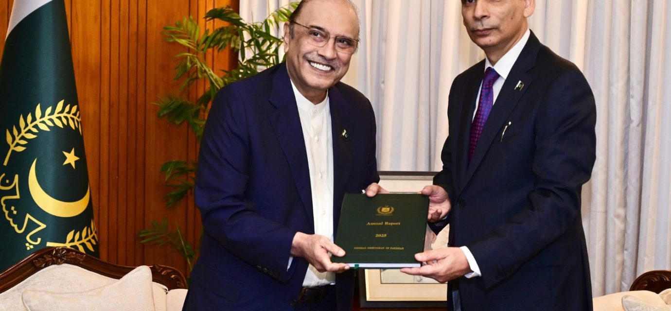 President Asif Ali Zardari receives the Wafaqi Mohtasib Annual Report for 2025 from Federal Ombudsman Naveed Kamran Baloch.