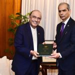 President Asif Ali Zardari receives the Wafaqi Mohtasib Annual Report for 2025 from Federal Ombudsman Naveed Kamran Baloch.