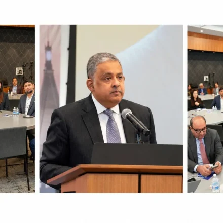 Pakistan and US flags displayed at a technology and business networking event representing bilateral technology cooperation and investment.