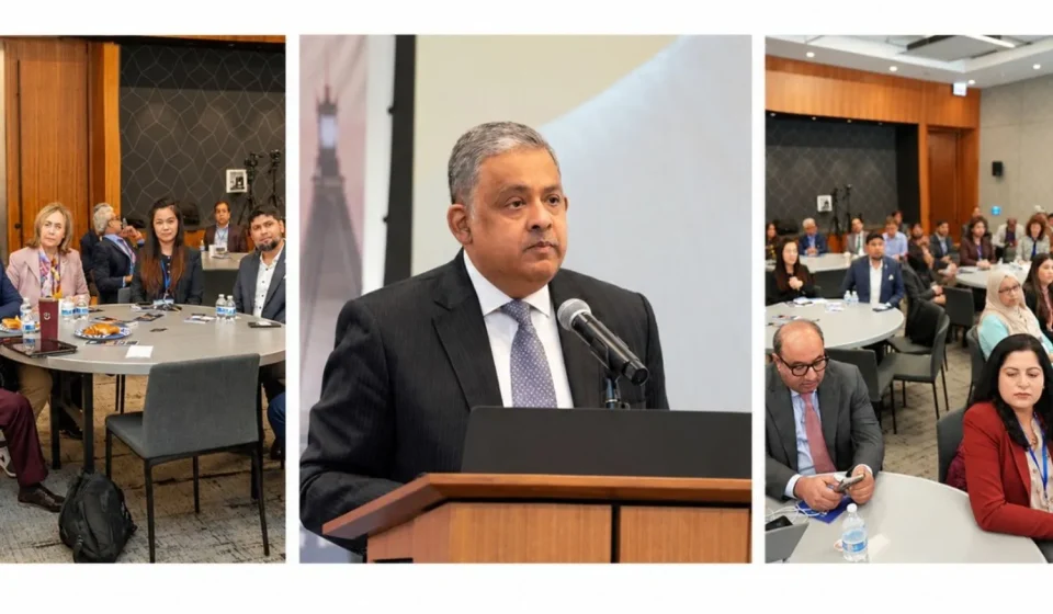 Pakistan and US flags displayed at a technology and business networking event representing bilateral technology cooperation and investment.