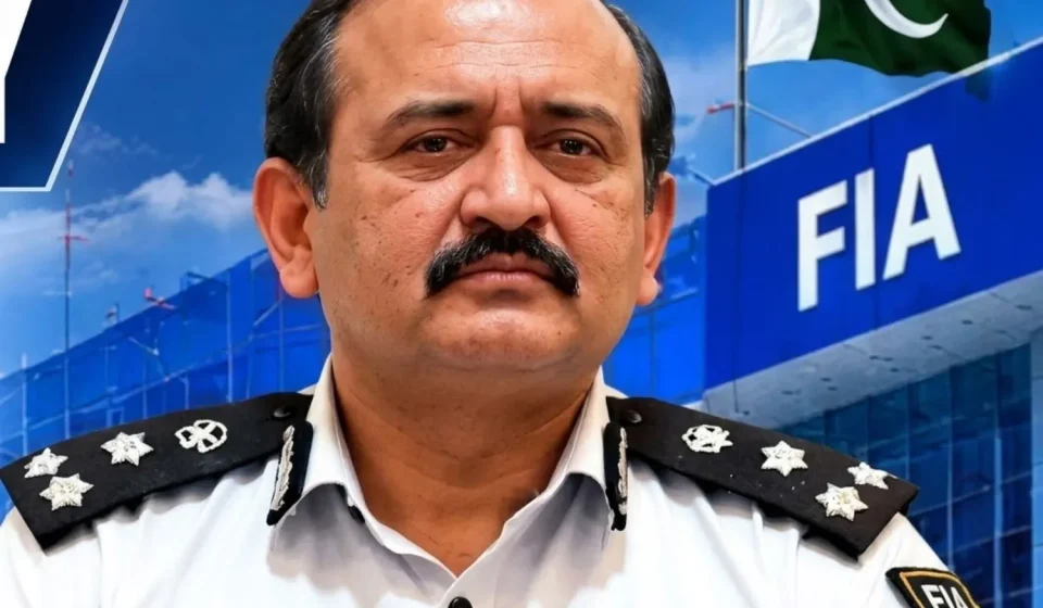 FIA pre-departure immigration facilitation desk assisting international travellers at Faisalabad Airport. Copy ALT Text