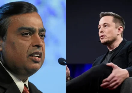 Elon Musk and Mukesh Ambani in a split image as the Musk Ambani row escalates over Starlink in India