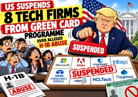 Illustration of U.S. immigration policy, H-1B work visas, Indian technology professionals and employment-based green cards.