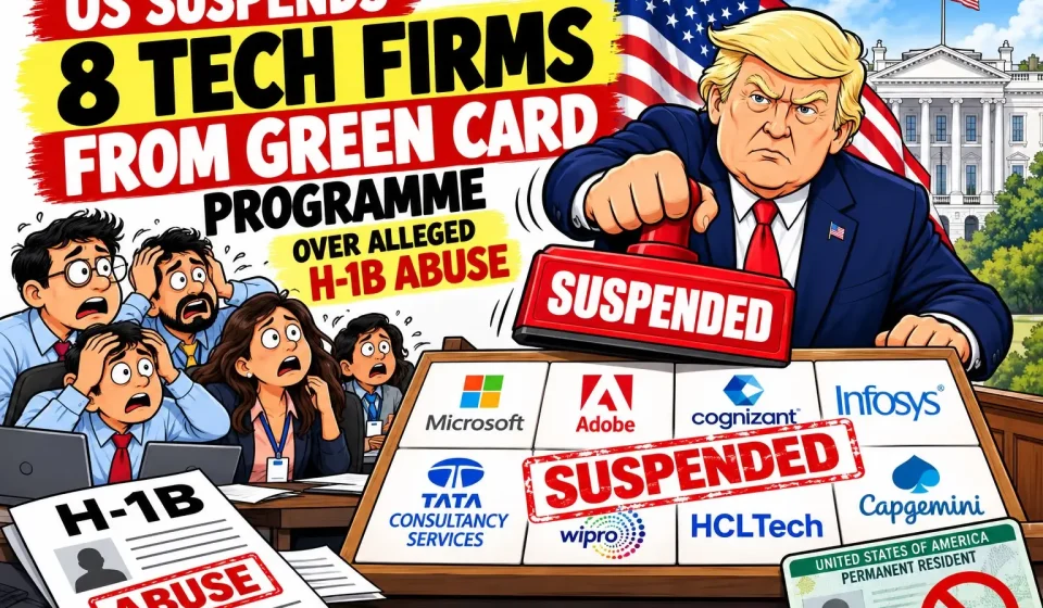 Illustration of U.S. immigration policy, H-1B work visas, Indian technology professionals and employment-based green cards.