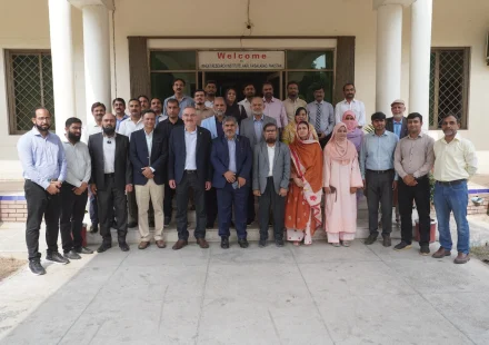 Agricultural scientists examine wheat crops as CIMMYT and AARI strengthen wheat research in Pakistan.