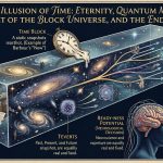 Conceptual illustration of spacetime, quantum particles and a human brain exploring the relationship between time, quantum mechanics and free will.