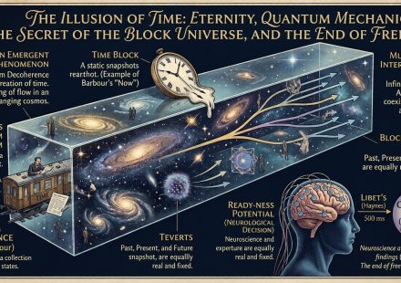 Conceptual illustration of spacetime, quantum particles and a human brain exploring the relationship between time, quantum mechanics and free will.