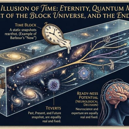 Conceptual illustration of spacetime, quantum particles and a human brain exploring the relationship between time, quantum mechanics and free will.