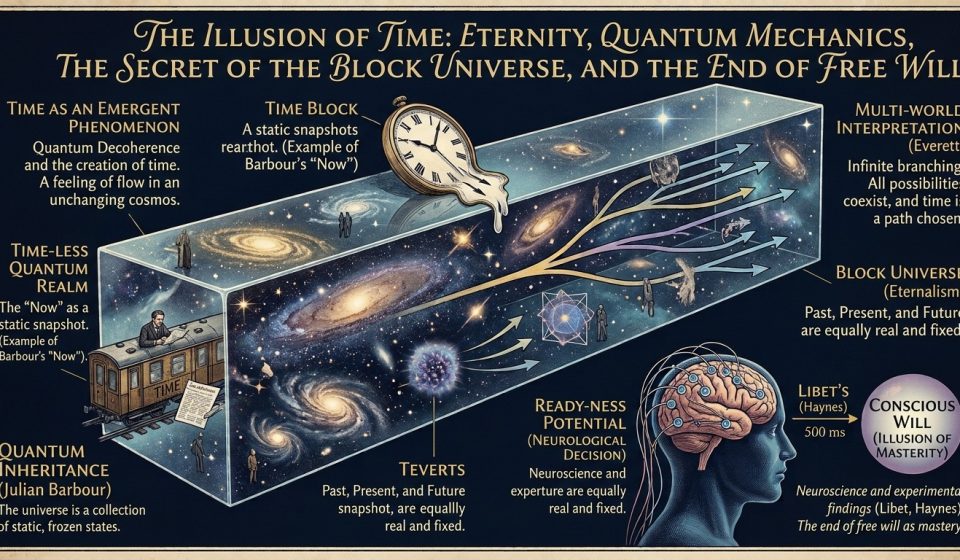 Conceptual illustration of spacetime, quantum particles and a human brain exploring the relationship between time, quantum mechanics and free will.