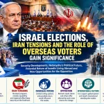 Symbolic representation of Israeli elections, regional tensions with Iran and the potential role of overseas Israeli voters.