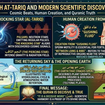 An open Quran beneath a star-filled cosmic sky illustrating an article about Surah At-Tariq and modern science.