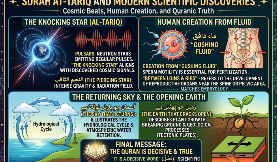 An open Quran beneath a star-filled cosmic sky illustrating an article about Surah At-Tariq and modern science.