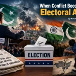 Political campaign imagery contrasted with military silhouettes, illustrating the relationship between conflict, national security and electoral politics.