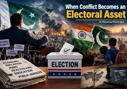 Political campaign imagery contrasted with military silhouettes, illustrating the relationship between conflict, national security and electoral politics.
