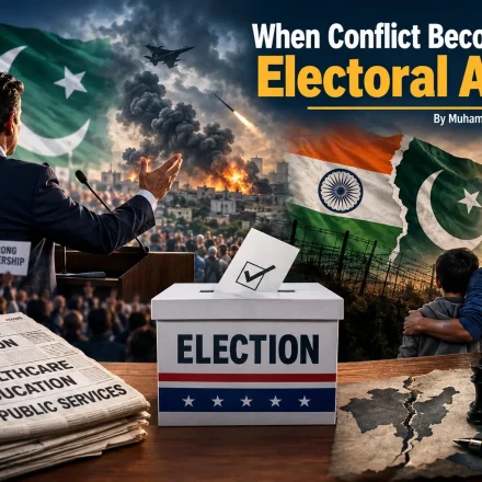 Political campaign imagery contrasted with military silhouettes, illustrating the relationship between conflict, national security and electoral politics.