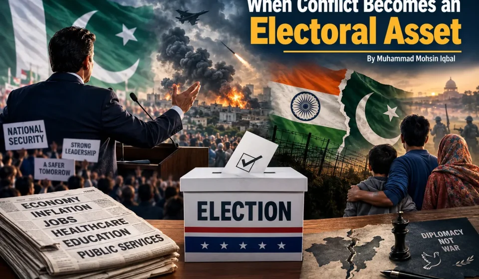 Political campaign imagery contrasted with military silhouettes, illustrating the relationship between conflict, national security and electoral politics.