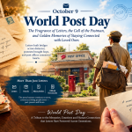 Handwritten letters, postage stamps and a vintage postman's mailbag representing World Post Day on October 9.