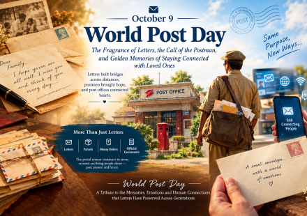 Handwritten letters, postage stamps and a vintage postman's mailbag representing World Post Day on October 9.