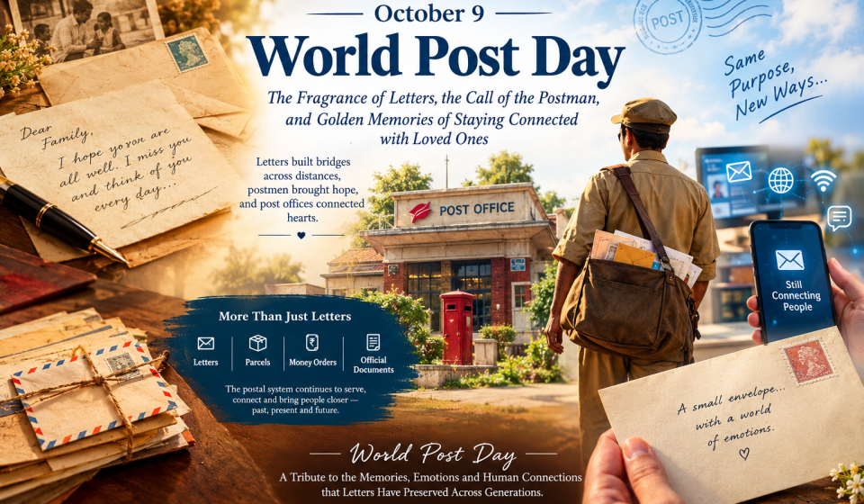 Handwritten letters, postage stamps and a vintage postman's mailbag representing World Post Day on October 9.