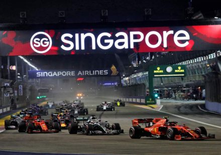 Haze over the Marina Bay Street Circuit skyline in Singapore ahead of the Formula 1 night race