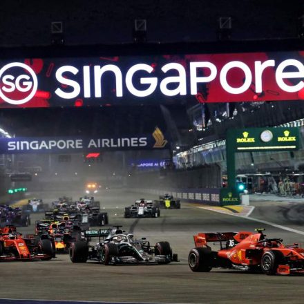 Haze over the Marina Bay Street Circuit skyline in Singapore ahead of the Formula 1 night race