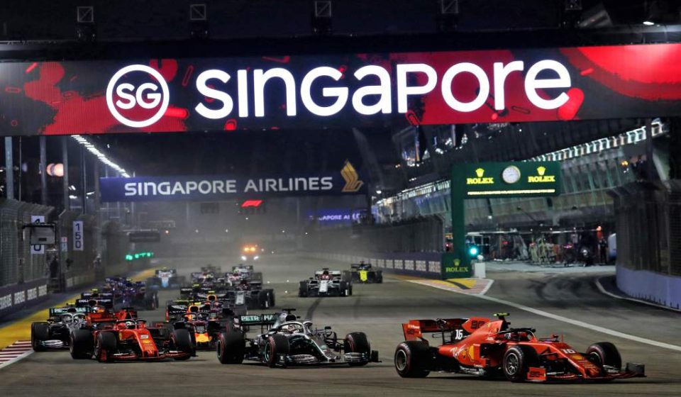 Haze over the Marina Bay Street Circuit skyline in Singapore ahead of the Formula 1 night race