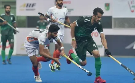India and Pakistan players in action during the India vs Pakistan hockey semi-final at the Asian Games in Nagoya