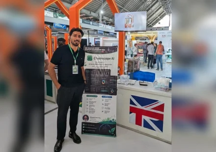 UK technology founder Hamza Tariq presenting the EchoChain AI-powered carbon intelligence platform at a startup competition in Lahore.